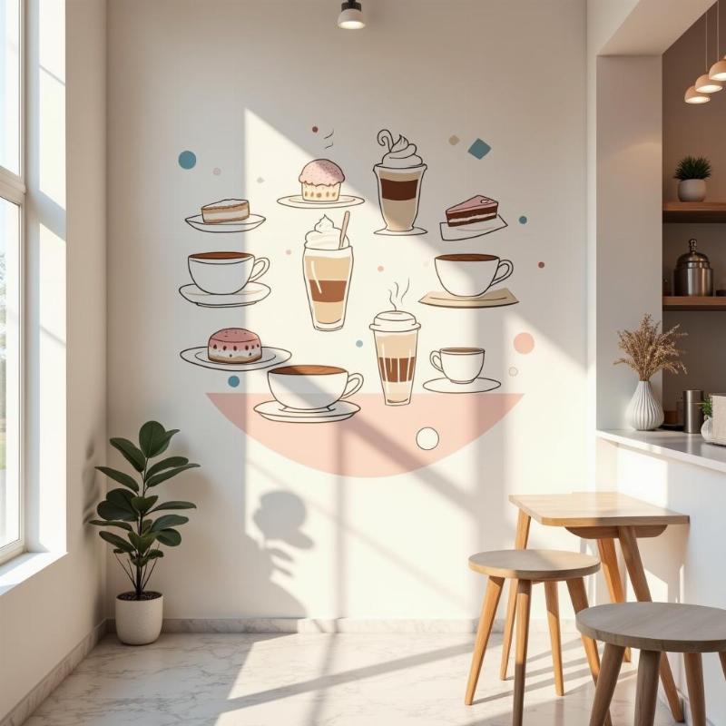 Một bức tranh tường hiện đại tối giản với hình vẽ ly cà phê, bánh ngọt và các hình khối trừu tượng với tông màu pastel nhẹ nhàng trong tiệm bánh ngọt hiện đại, phong cách tối giản, ánh sáng tự nhiên chiếu vào, không gian sạch sẽ và thoáng đãng.